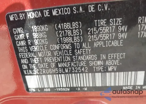 2020 Honda Hr-V Awd Ex z USA, uszkodzony, nr VIN 3CZRU6H59LM732542
